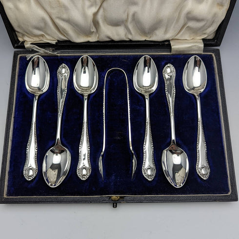 Around 1920 English antique silver plate 6 teaspoon & tongs set in case